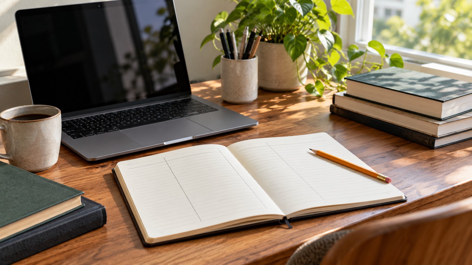 Laptop beside an open notebook for checking article sources