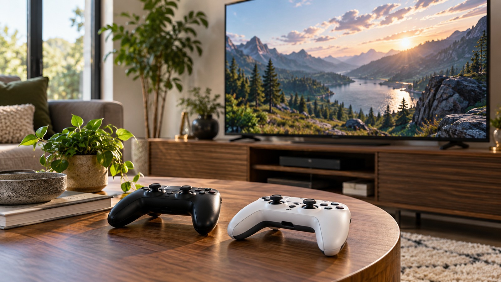 Two gaming controllers in a living-room setup
