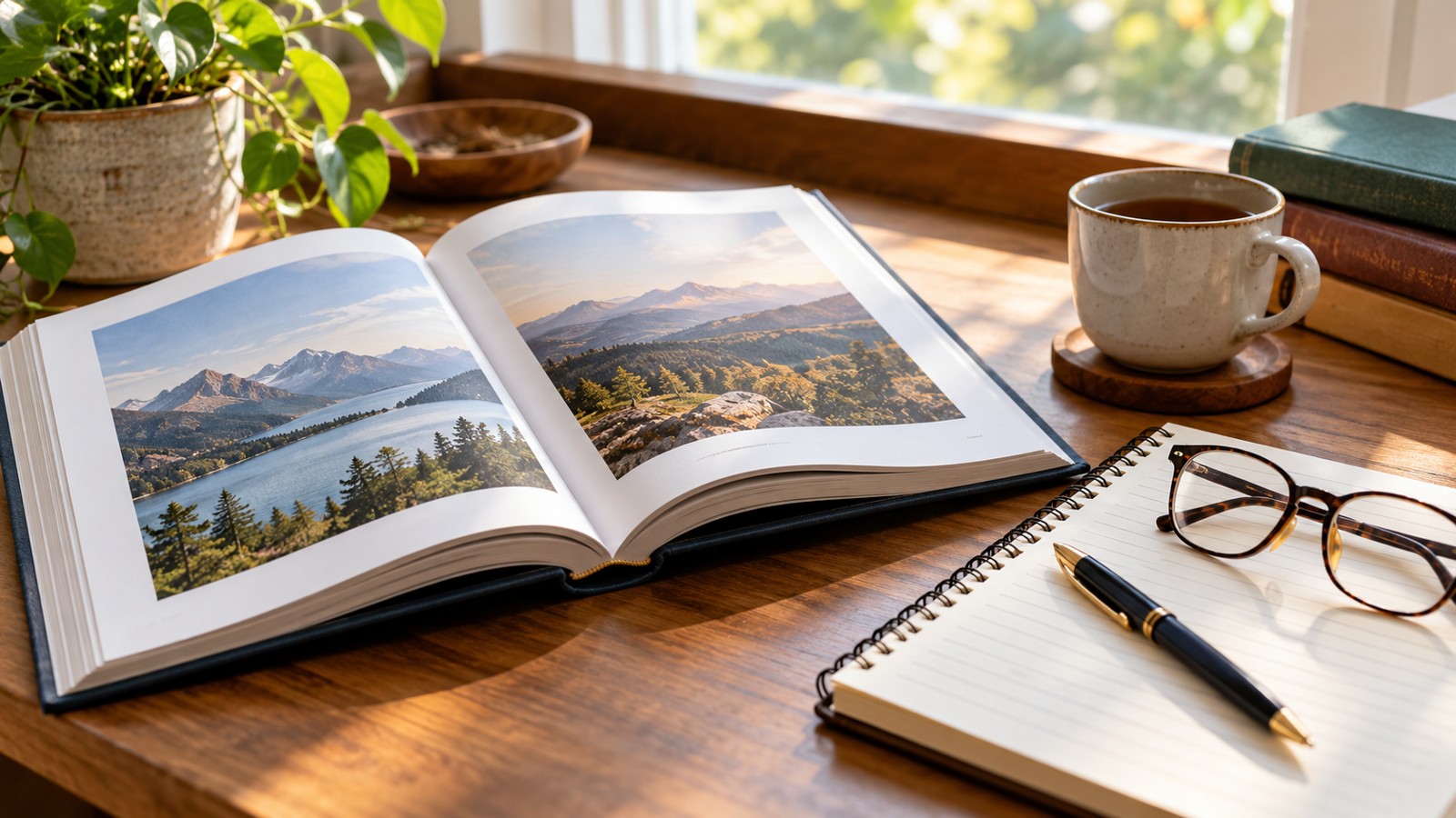 Reference book beside a notebook and reading glasses