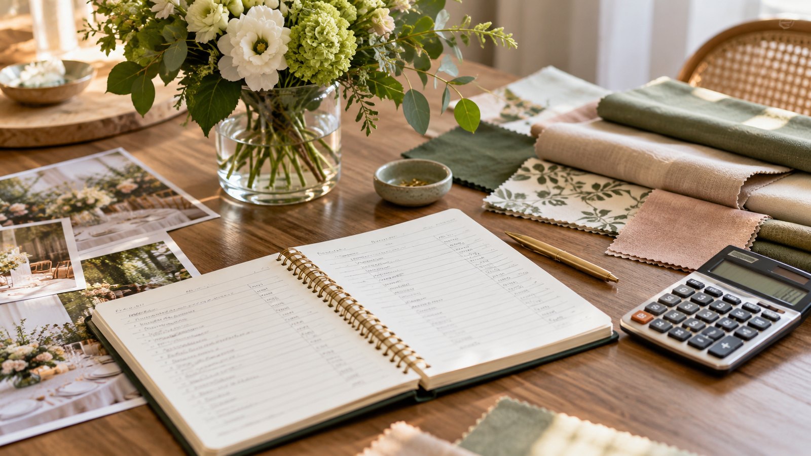 Event budget notebook, calculator and fabric samples
