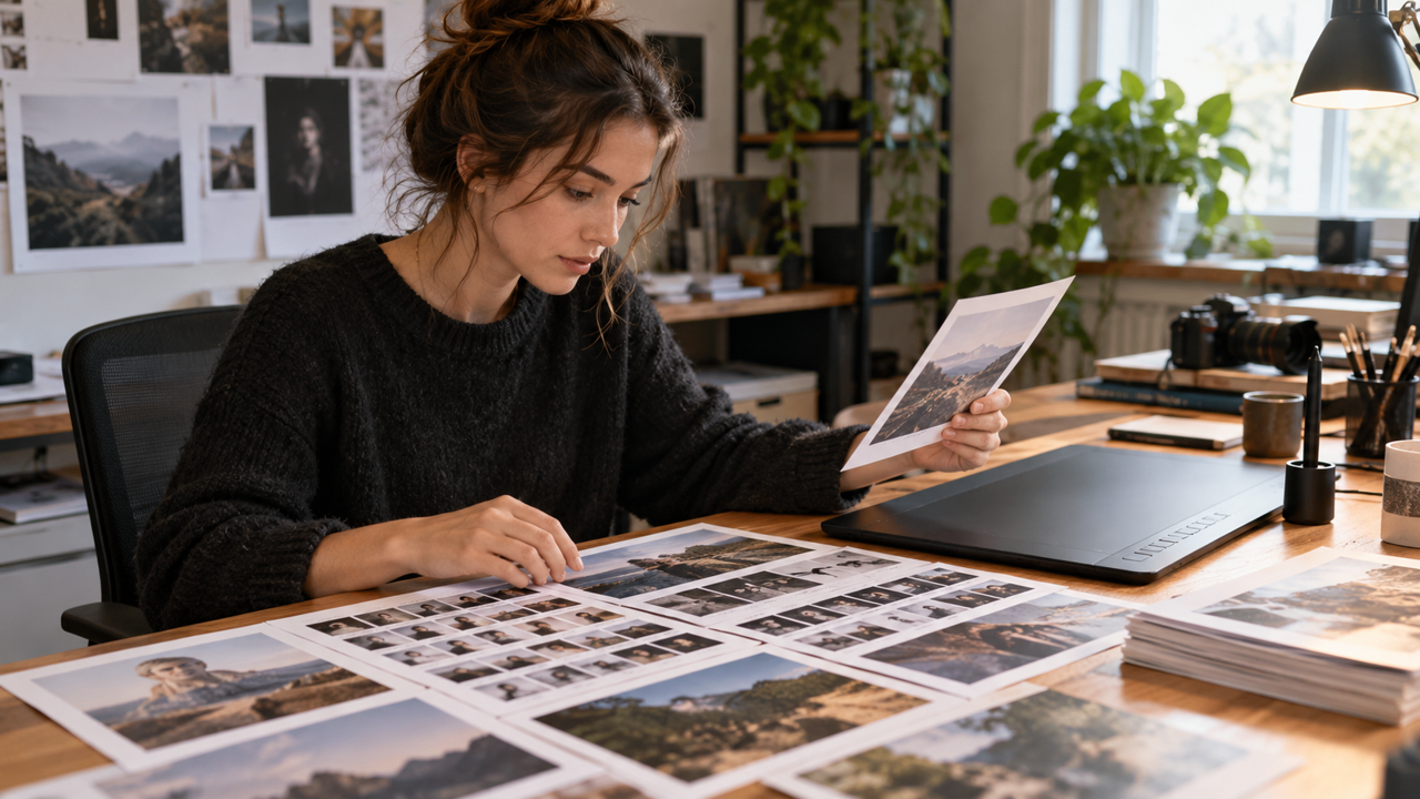 Illustrative creative studio reviewing photographs